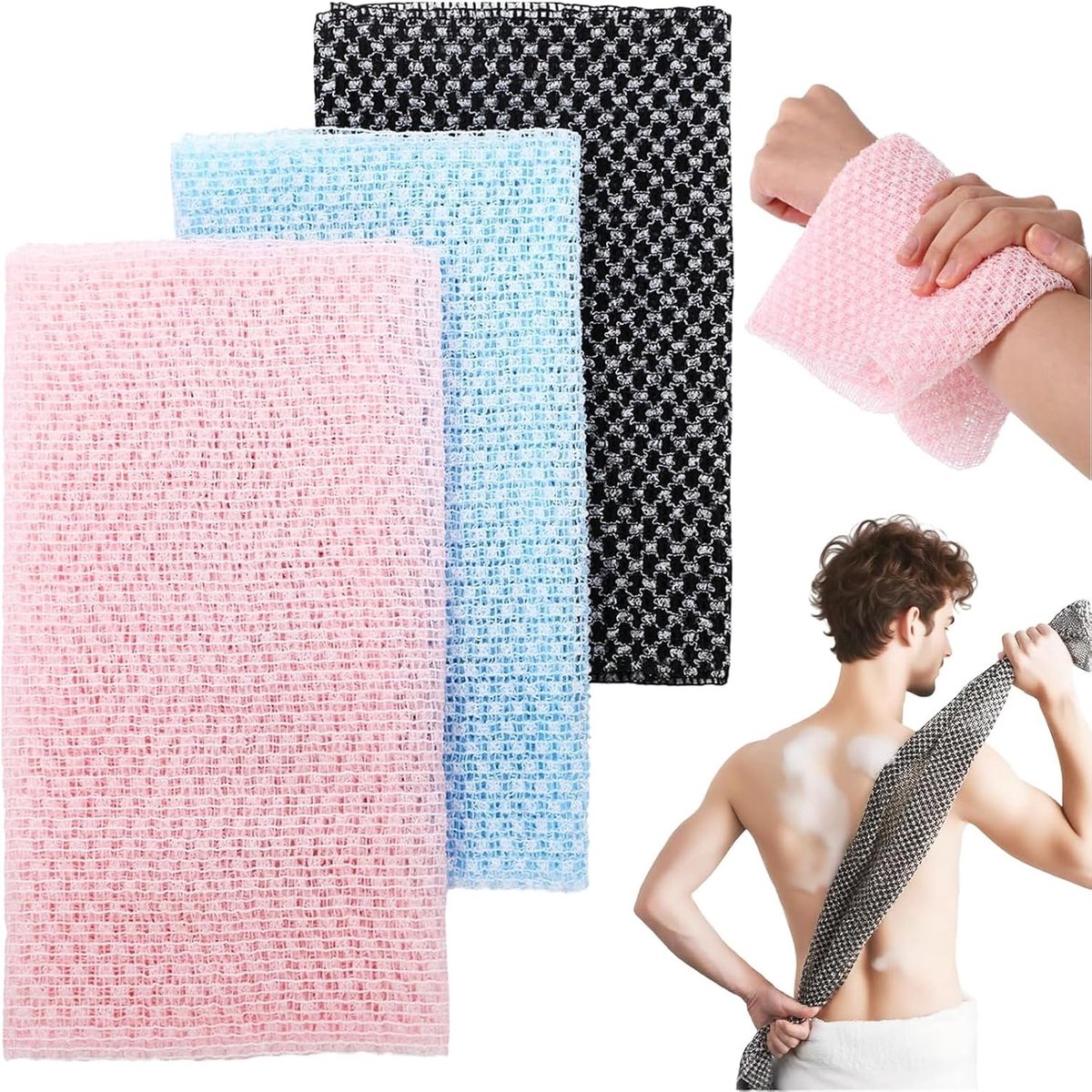 3 stuks Japanse lichaamscrub handdoek, 24 x 100 cm, bad- en douchespons voor diepe reiniging, lichaamsscrub voor rug, ideaal voor mannen en vrouwen, ruitpatroon