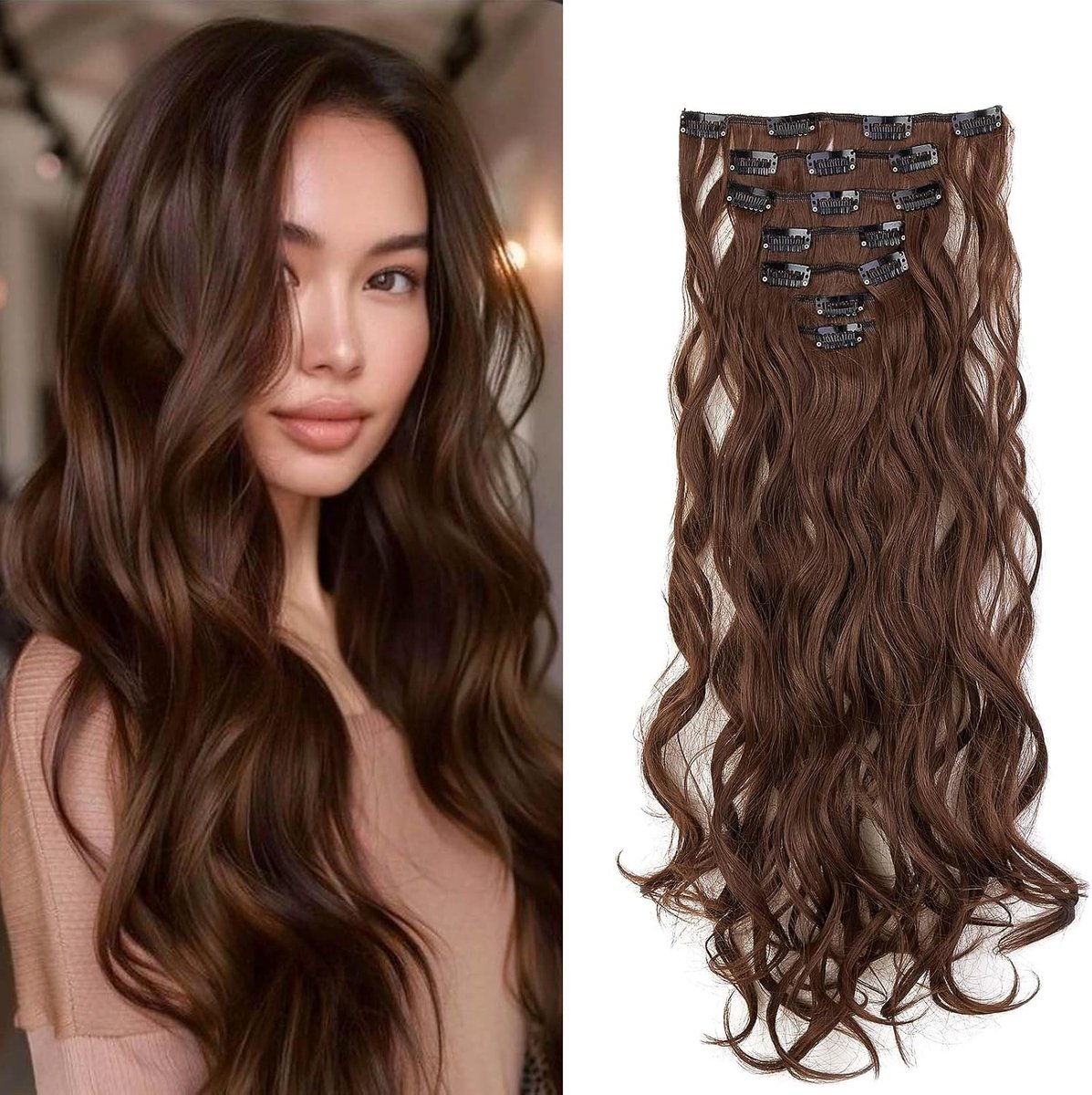 50 cm Clip-in extensions Haarstuk Haarverlenging als echt haar Krullen 7 banen Clip-in haarverlenging Haarverlenging Golvend Voordelig Synthetisch haar Golvend Lang, donker kastanjebruin