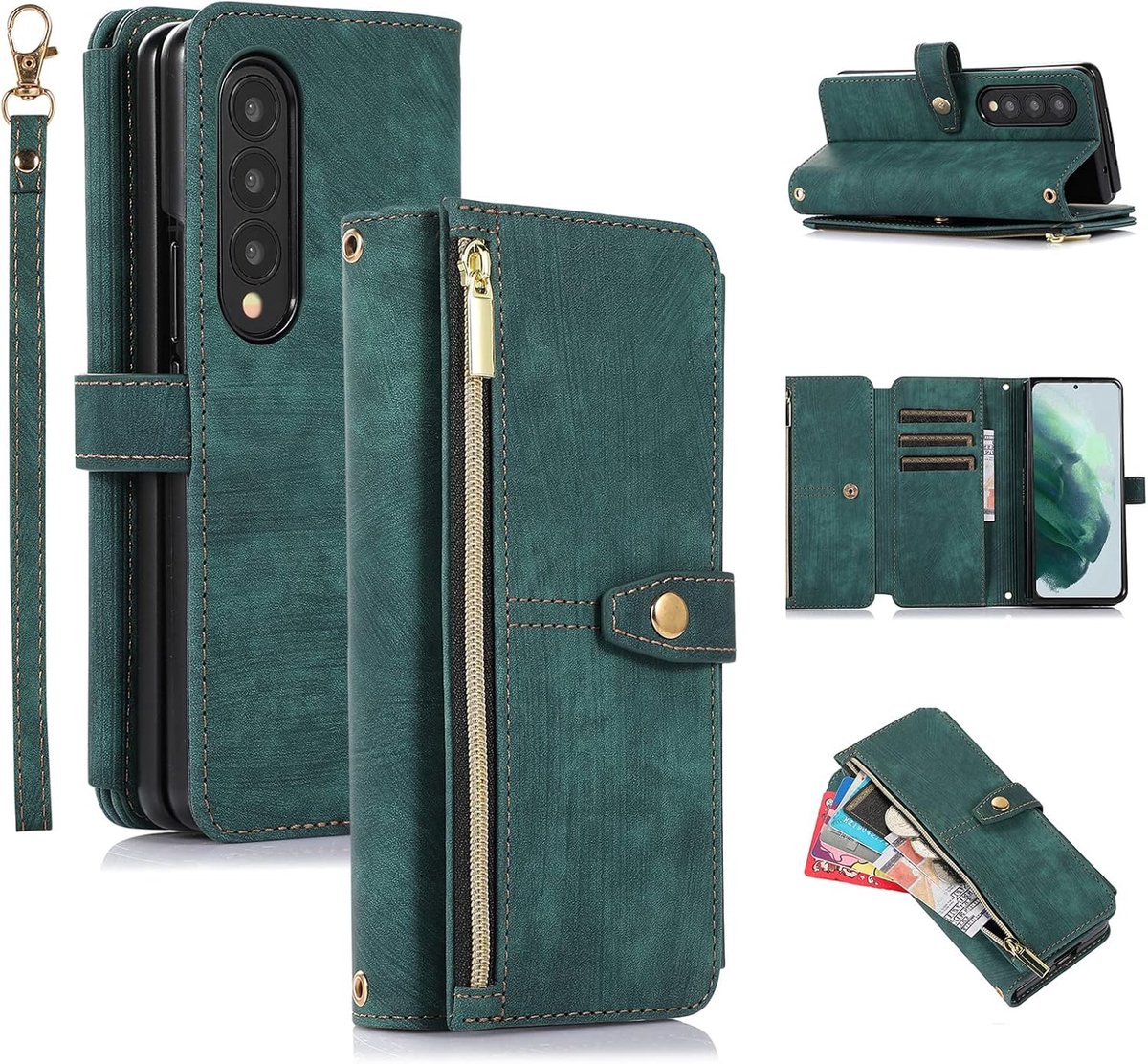 Hoes voor Samsung Galaxy Z Fold 4 5G, 9 kaartvakken, retro, lederen portemonnee, schokbestendig, flipcase met handlus, standfunctie, ritssluiting, telefoonhoes met magneetsluiting,