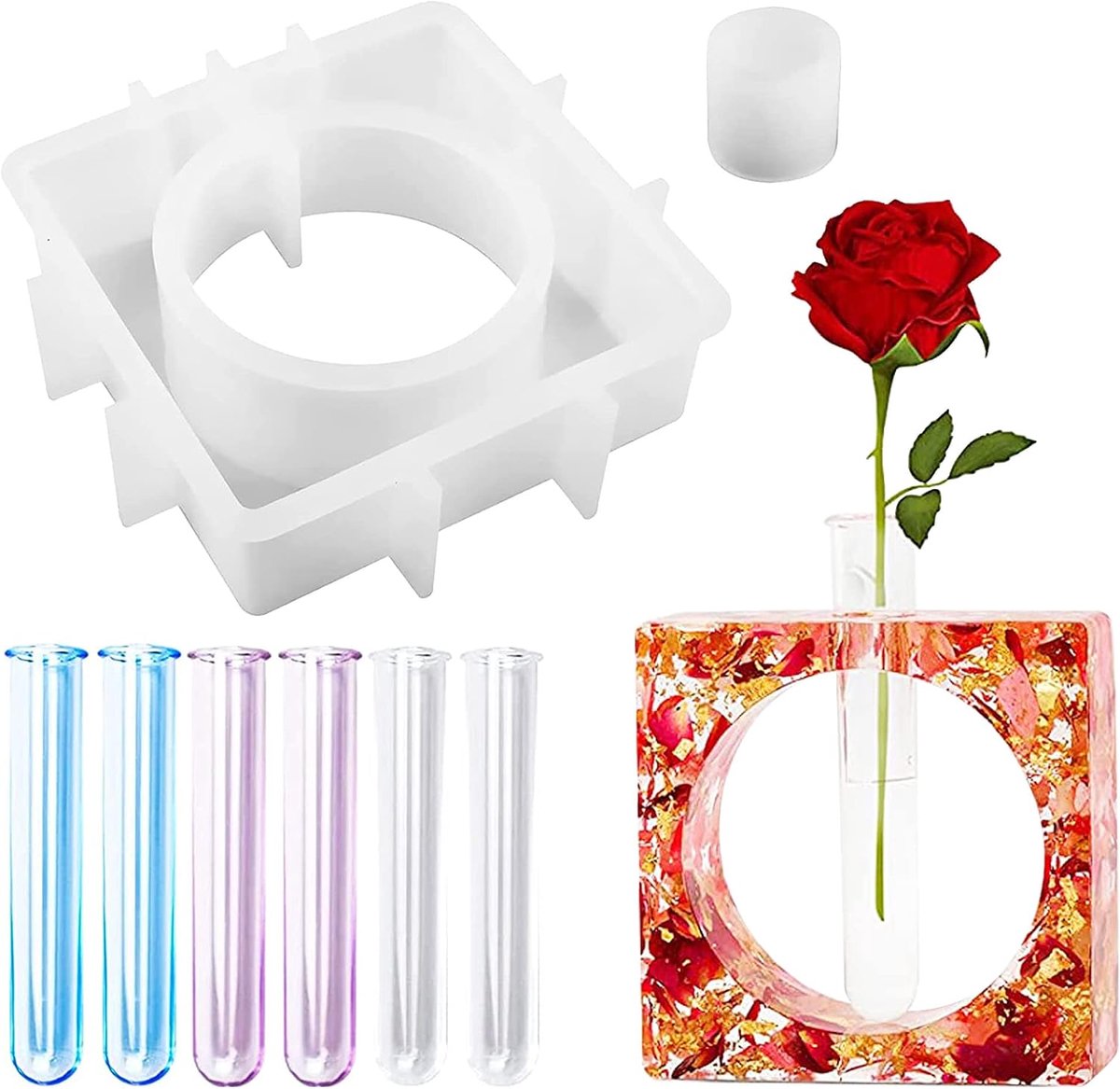 Bloemenvaas, siliconenvorm, siliconen vormen, epoxyhars, plantenbak, gietvormen, vaas, harsvorm met 6 stuks acryl reageerbuisjes voor hydrocultuurplanten, thuis, kantoor, decoratie, vierkant