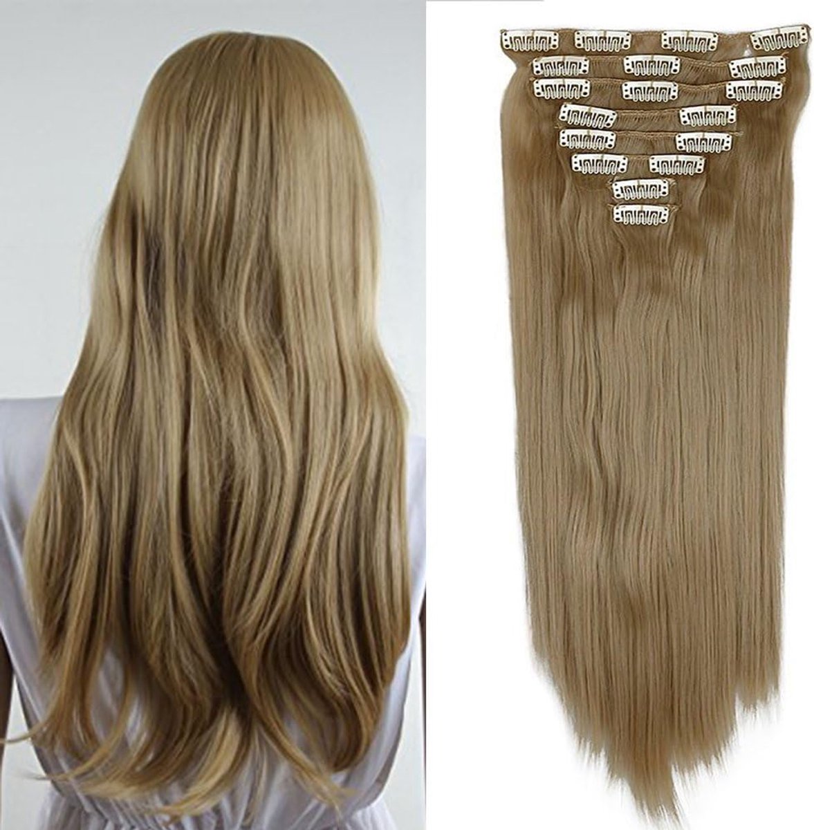 Clip in extensions haarverlenging haarstuk 8 krullen net als echt haar steil medium blond 26 “(66cm)-140g