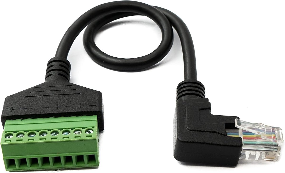 LAN-kabel 30 cm RJ45 stekker naar 8 pin terminalblok hoekadapter in zwart