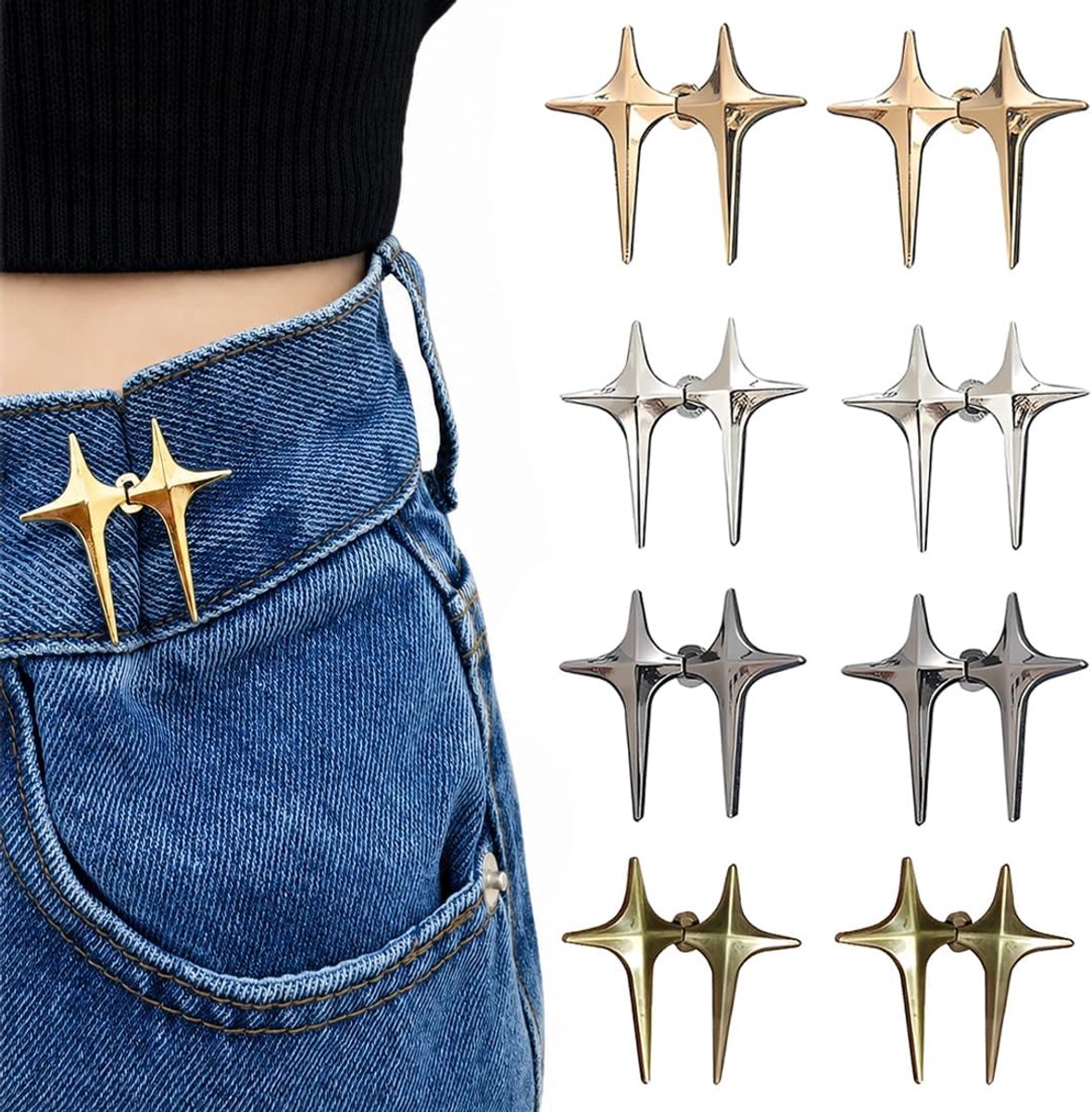 8 paar broekklemmen, broekclips, jeans tailleklemknop, verstelbare jeansknop, naaien niet nodig, voor het veranderen van de maat (sterren)