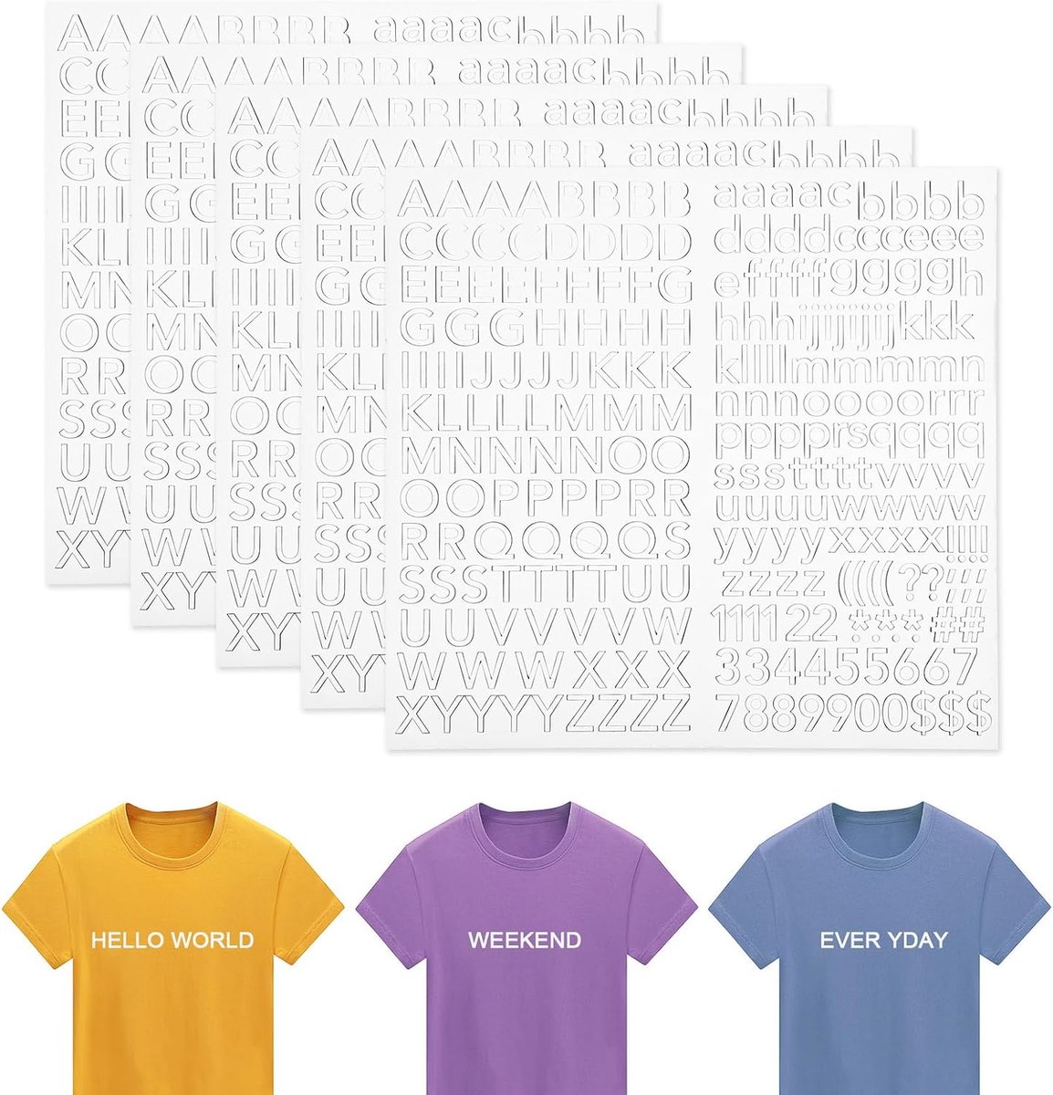 SnelShoppen - 5 Vellen/1255 Stuks Strijkletters en Cijfers, PU Strijkbare Stoffletters met 0-9 Cijfers A-Z Warmteoverdracht Letters voor Kleding (Wit)