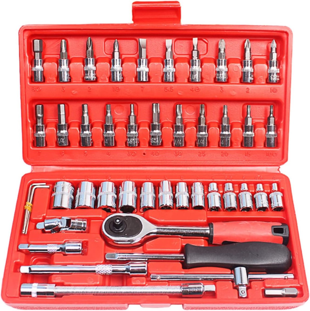 Ratelsleutelset 46-delig - 1/4 inch - Inclusief bitset en verlengstuk - Ideaal voor auto- en huishoudelijk onderhoud - ShopVlot