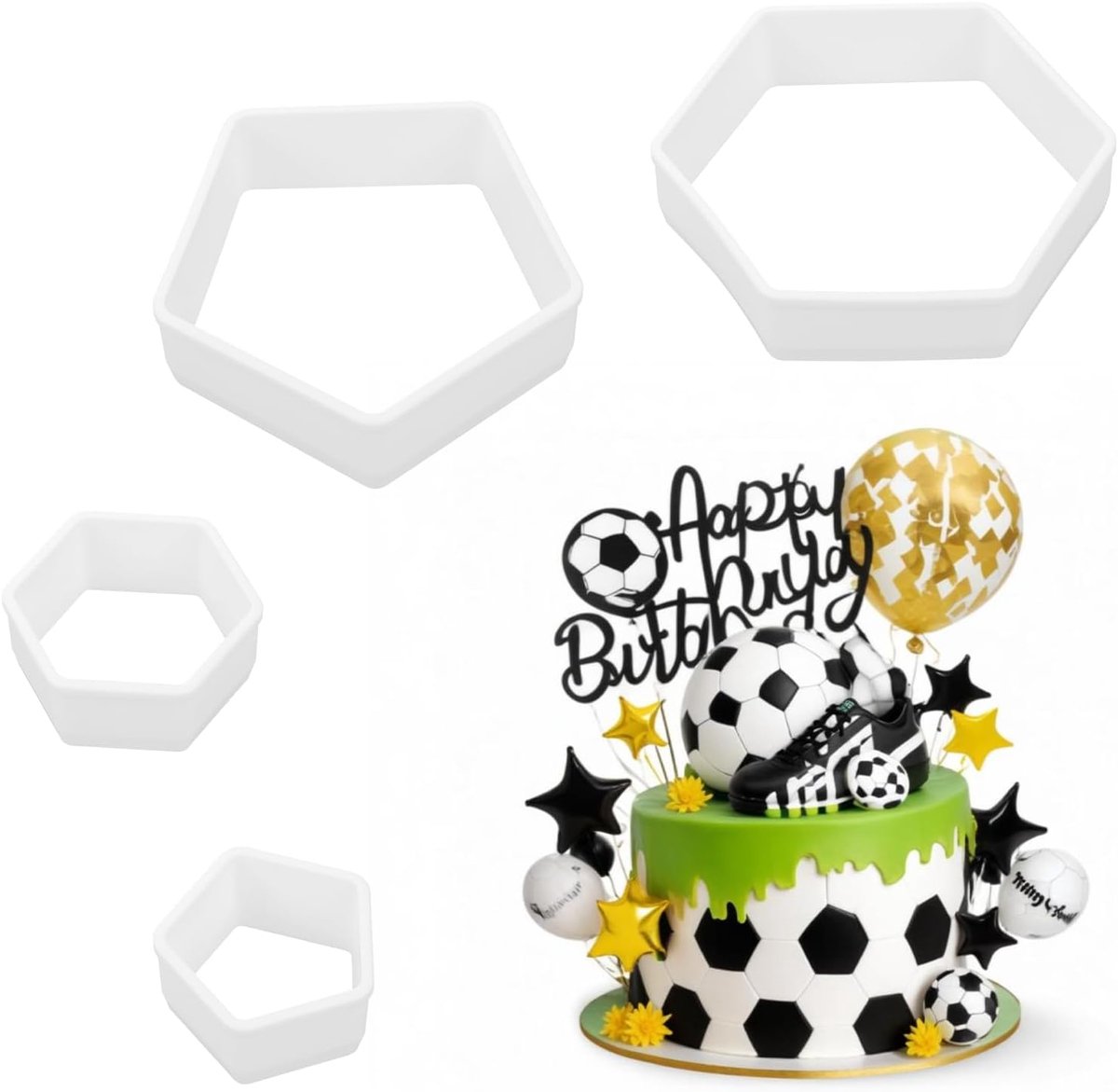 SnelShoppen - 4pcs Voetbaluitsteekvormen Set - Hexagonale Koekjes- en Fondantvormen voor DIY Voetbal Koekjes - Duurzame Plastieken Decoratie voor Fees
