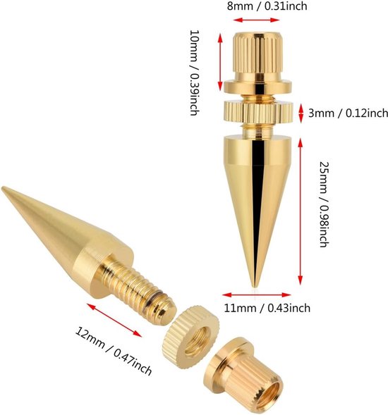 SnelShoppen - Speaker Spikes 8 Pairs 6 x 36mm Koper Speaker Spikes Met Isolatievoet Voor HiFi Apparaten, Platenspeler, Koffer, Versterker — afbeelding 2