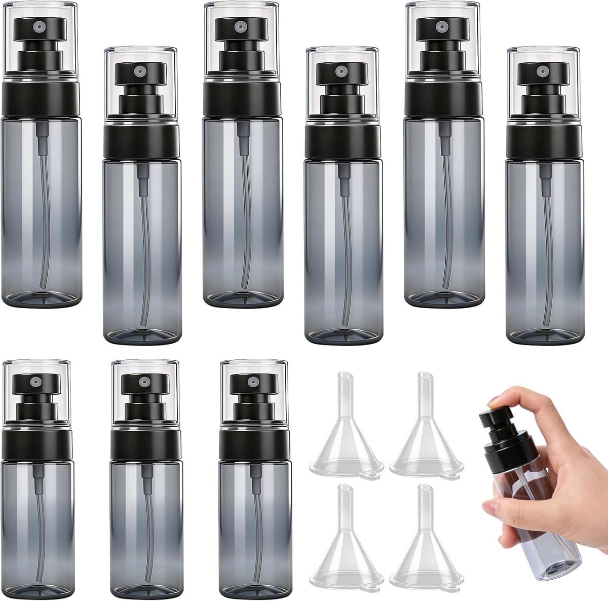Mini spray flessen set van 9 - transparant en zwart - met vulhulp - ideaal voor reizen - SnelShoppen