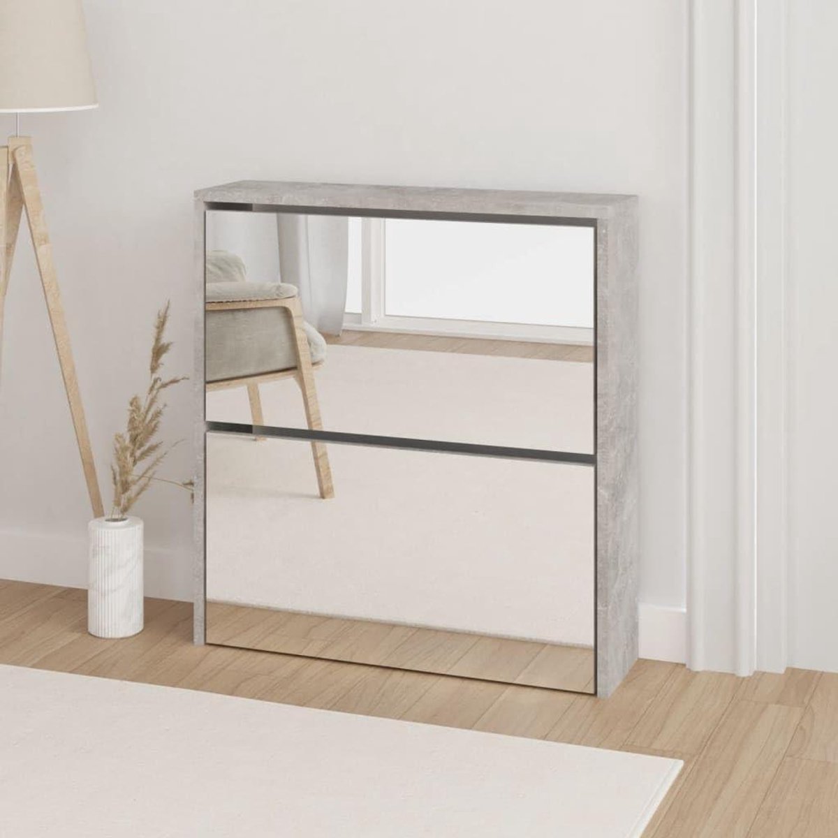 Schoenenkast met Spiegel - Schoenenrek Opberger - Schoenen Organiseren - 2-laags Pull-down - 63x17x67 cm - Beton Grijs