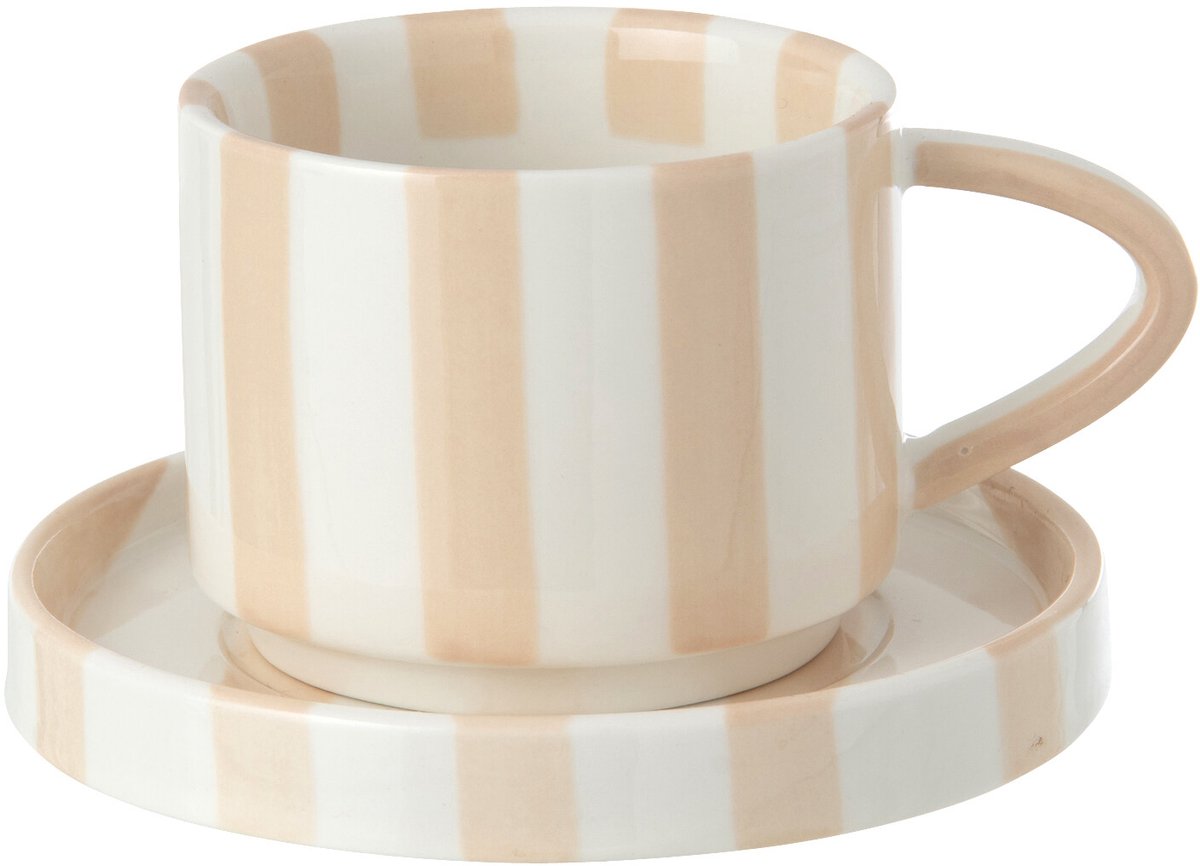 J-Line kopje + schoteltje Gestreept - steengoed - lichtbeige/wit - 4 stuks