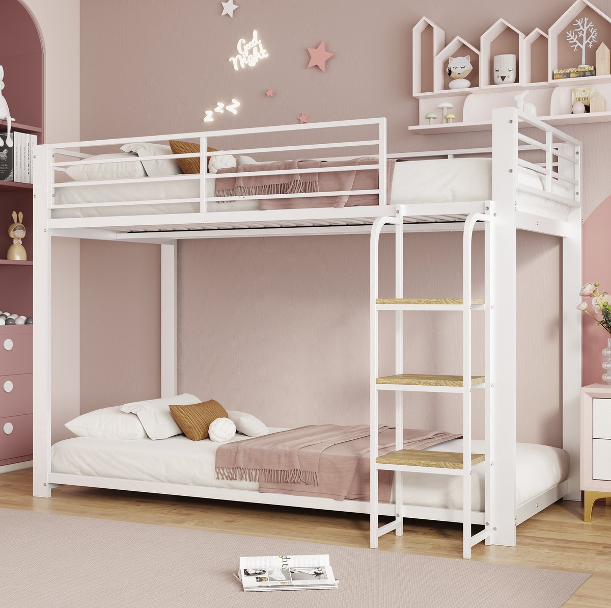 FloraGrace Stapelbed 90x200cm - Kinderbed Met Ladder En Uitvalbeveiliging - Met Opbergruimte - MDF En Metaal - Wit Walnoot - Zonder Matras