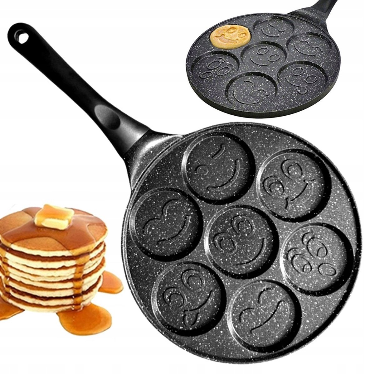7-Gats Pannenkoekenpan met Oogvormige Coating - Zwart Aluminium