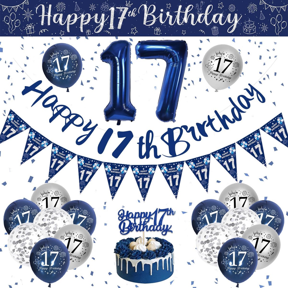 Verjaardagsdecoratie 17 jaar - Feestpakket Jongens - Speciale Viering - Compleet Set - 30 Delen - Blauw Zilver