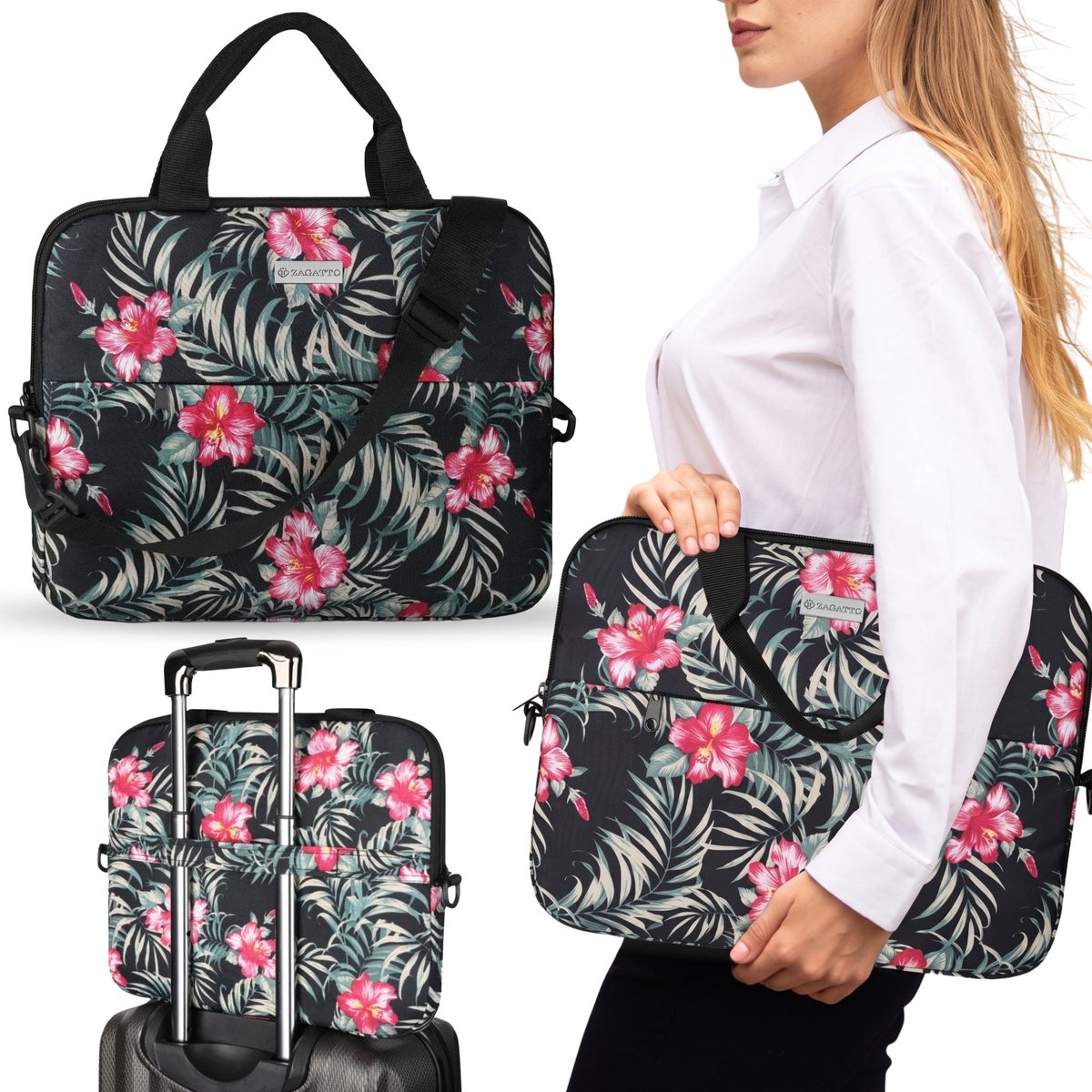 ZAGATTO Dames laptoptas 15,6 inch, schoudertas met bloemen, LICHTE hoes met rits