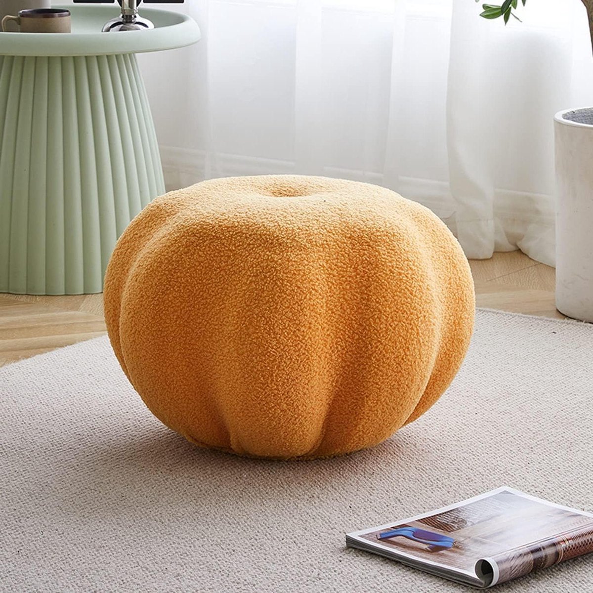 Poef Ottomaanse Poef - Voetenbank Kruk - Extra Zitplek - Pompoenvorm Ontwerp - 33 cm Hoog - Wit