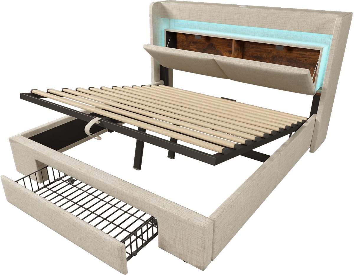 COVREO Bed met opbergruimte – 219 x 151 x 111 cm – Tweepersoons bed met LED – Bedframe met USB-C en lade – Beige - met matras