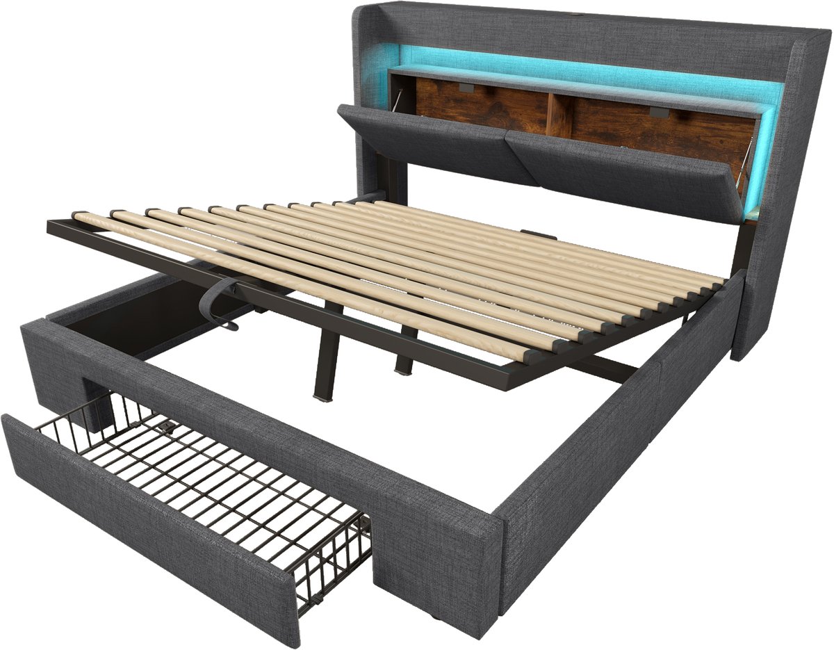 COVREO Bed met opbergruimte – 140x200 cm – Tweepersoonsbed met LED – Bedframe met USB en lade – Grijs - met matras