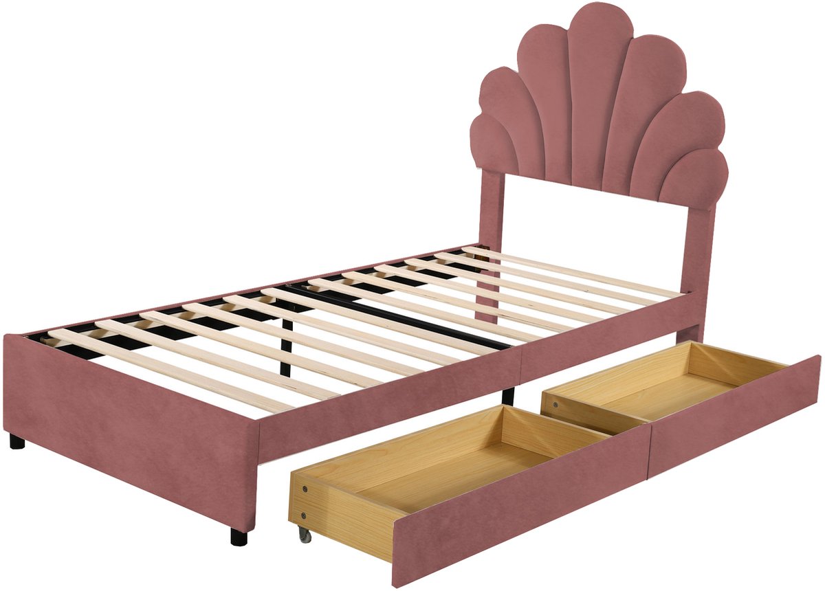 COVREO Kinderbed 90 x 200 cm - roze samtbekleding, bloemenkop en lattenbodem