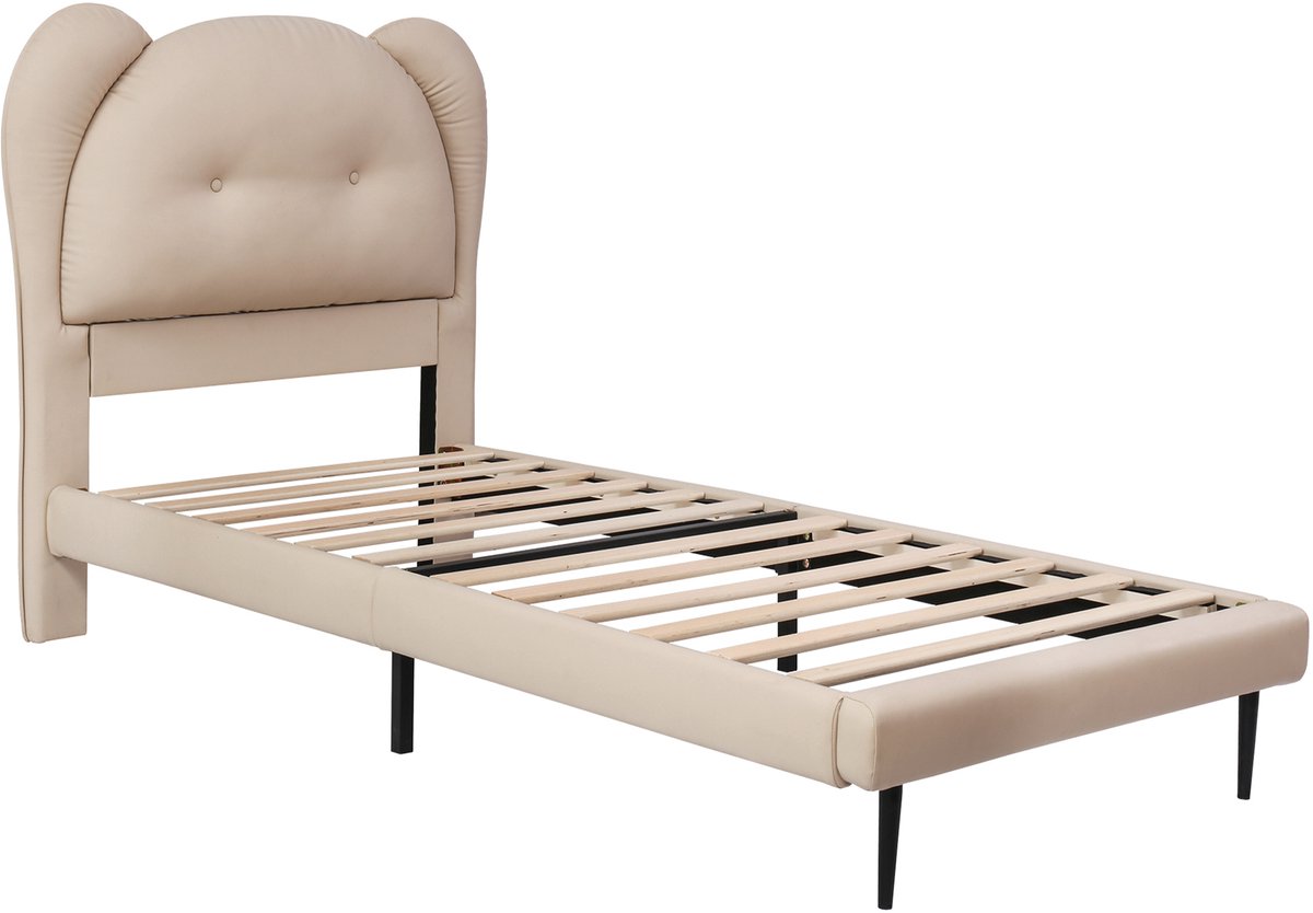 COVREO Kinderbed 208x108,5 cm – beige kunstleer, dierenvormig hoofdbord, lattenbodem