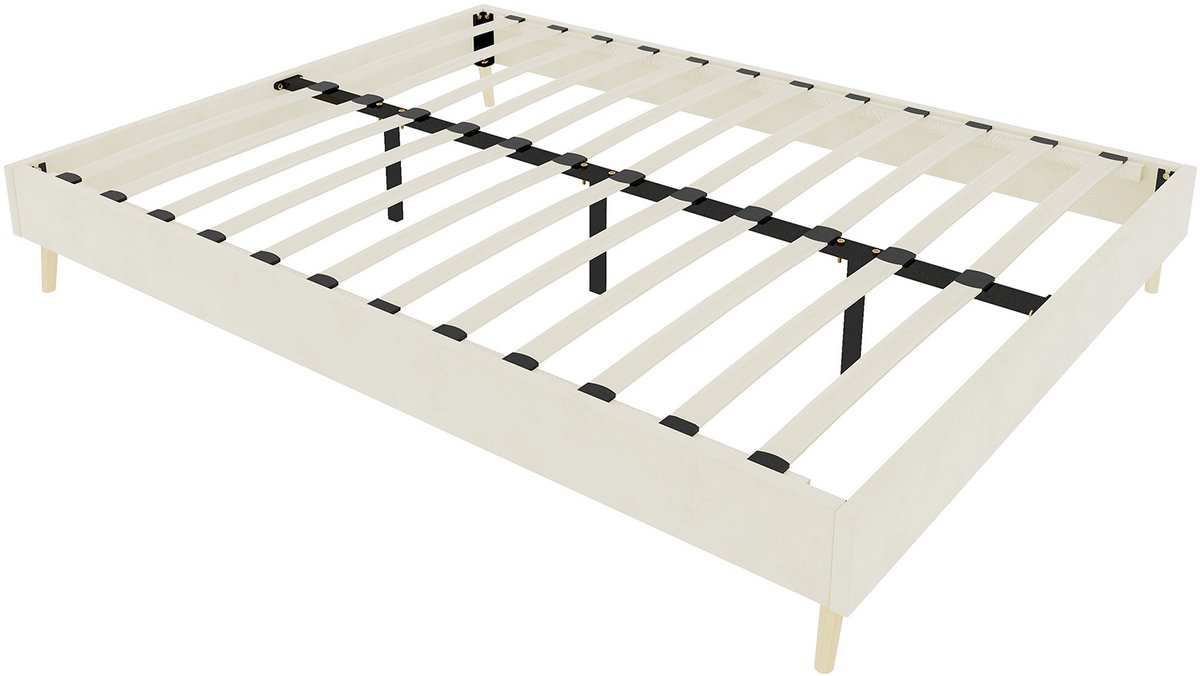 COVREO Bed 140x200 cm beige, stof en metaal, laag platform, zonder hoofdbord