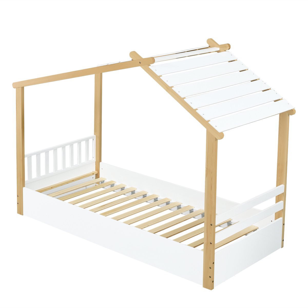 COVREO Kinderbed 213,5x95x155,5 cm - wit naturel, huisbed met lattenbodem, voor matras 90x200 cm