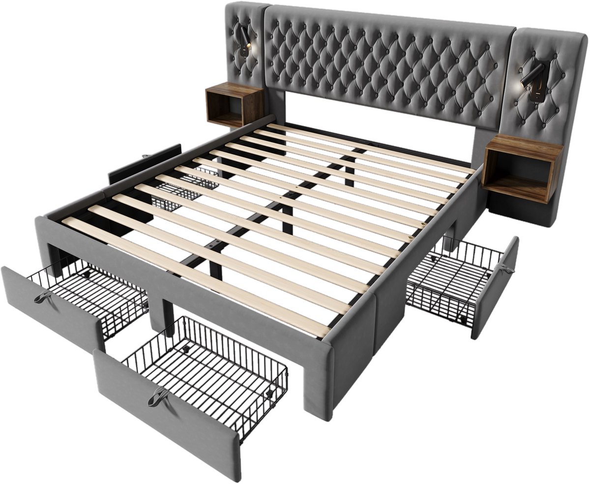 COVREO Slaapkamerbeddenset, gestoffeerd tweepersoonsbed van 160×200 cm, met 2 nachtkastjes en 4 lades, leeslampje naast het bed met USB-oplaadfunctie, grijs, fluweel (matras inbegrepen). Gris