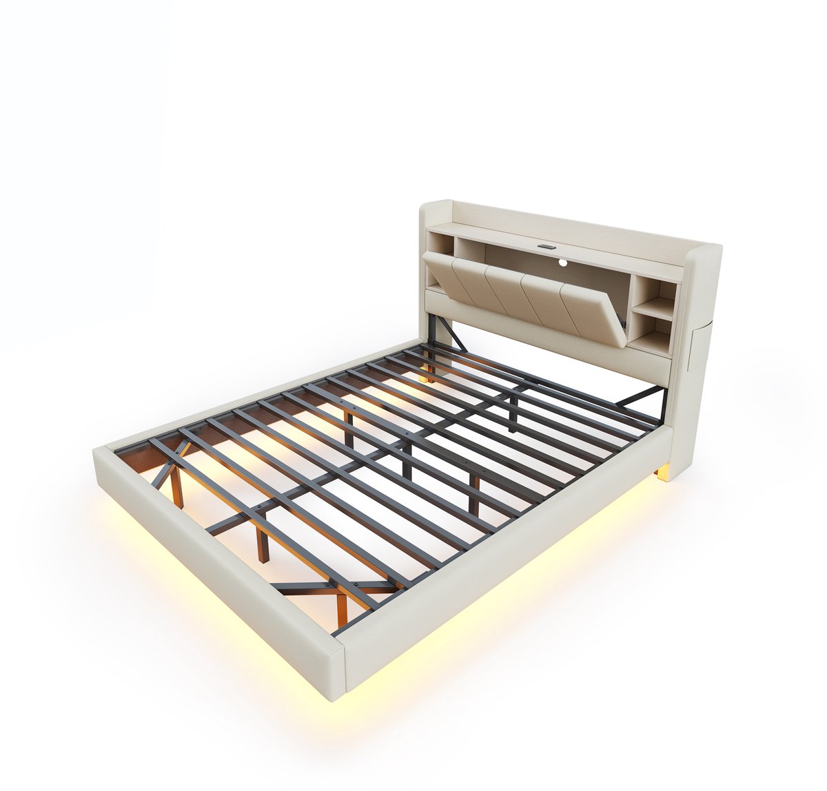 COVREO Bed 140x200 cm beige met USB en opberghoofdbord zonder matras