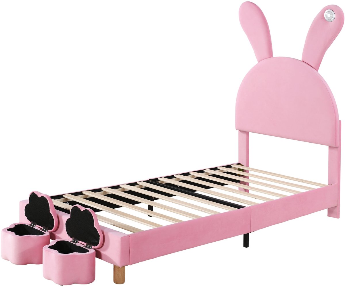 COVREO Bed 90x200 cm – roze stof, met 2 opbergbanken, LED-verlichting en lattenbodem
