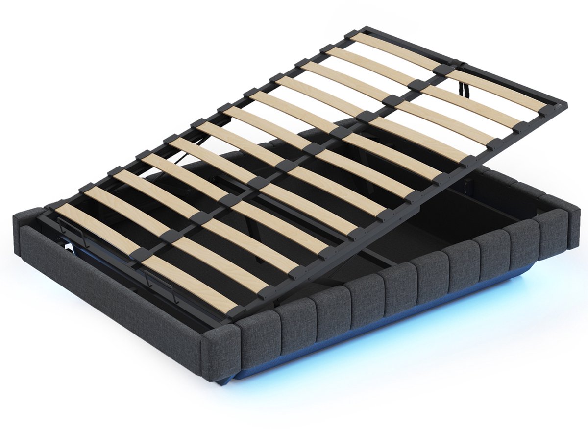 COVREO Bed 140x200 cm grijs, opbergruimte, LED-verlichting, zonder matras