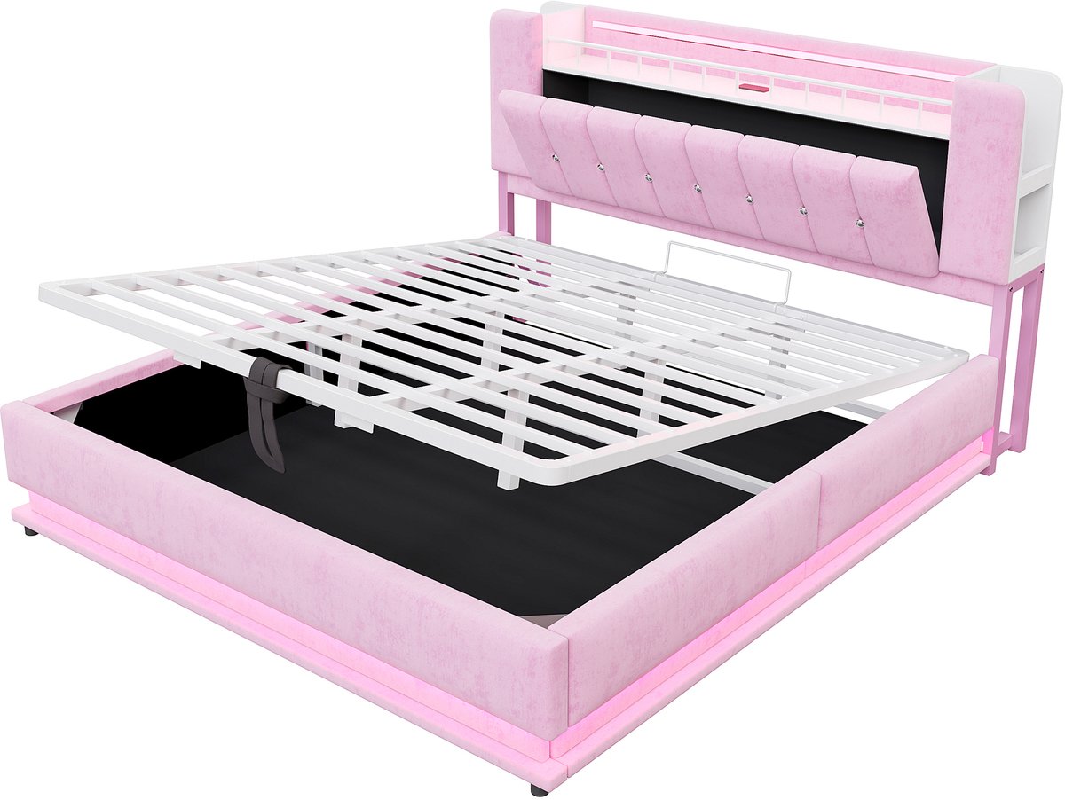 COVREO Polsterbed met LED en USB – 220x180x107 cm – Gestoffeerd bed met opbergruimte – voor kleinere slaapkamers – Roze - zonder matras