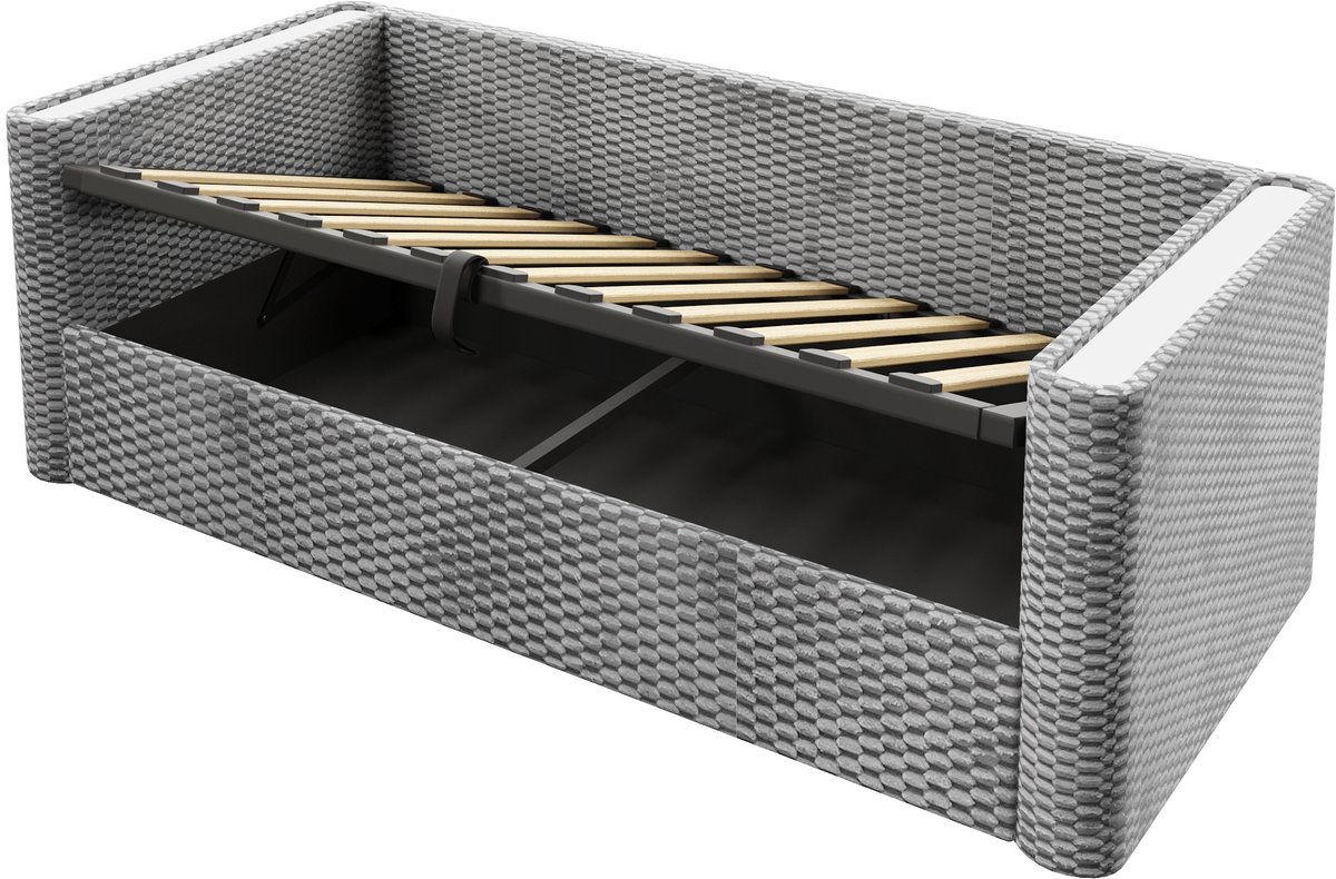 COVREO Bed 90x200 cm grijs MDF en stof met LED zonder matras