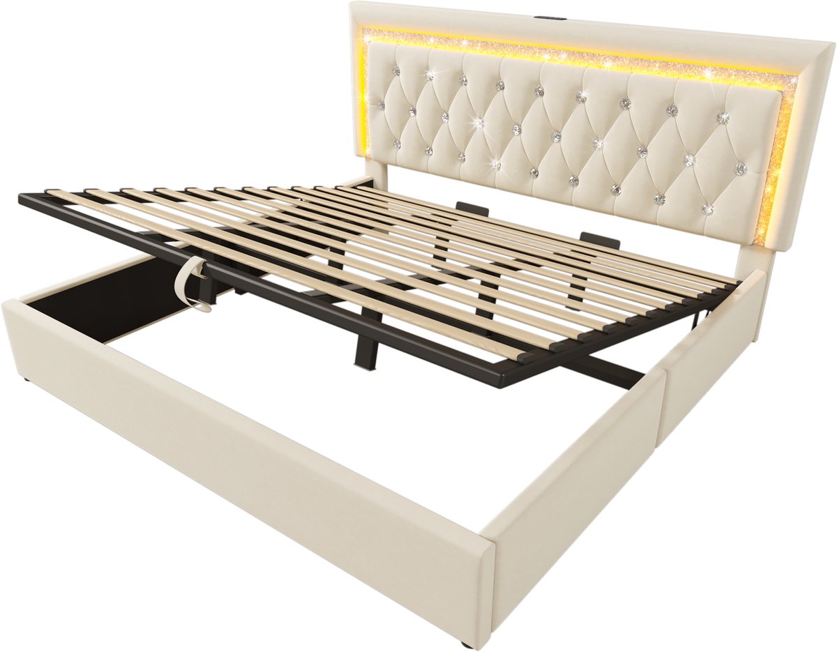COVREO Bedframe met LED en USB – 180x200 cm – Tweepersoonsbed met opbergruimte – Bed voor volwassenen – Beige - zonder matras