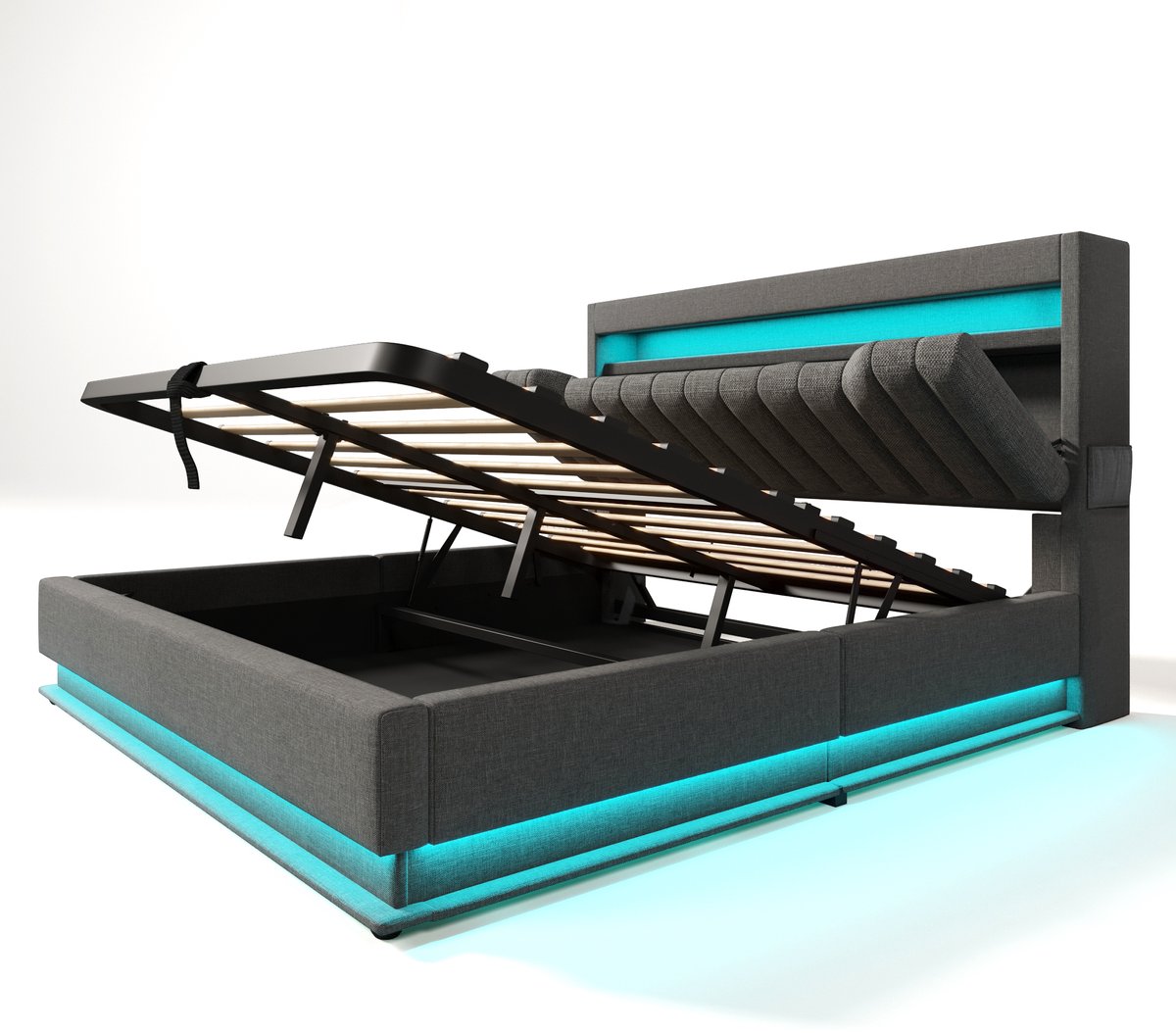 Gestoffeerd tweepersoonsbed van 160x200 cm met een hoofdbord voorzien van opbergruimte, USB- en Type-C-aansluitingen, ledverlichting aan het hoofd- en voeteneinde, hydraulische opbergruimte en grijze linnen bekleding. (Matras niet inbegrepen)