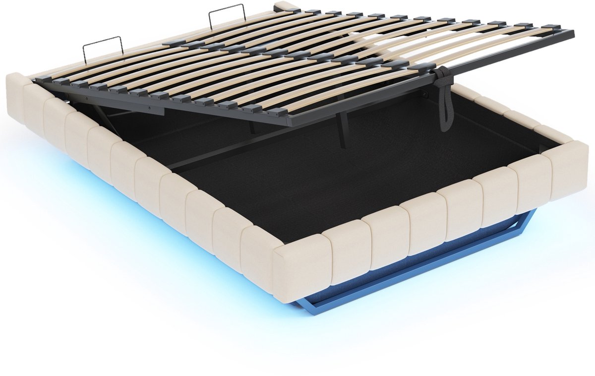 COVREO Bedframe 140x200 cm beige, met LED en opbergruimte, zonder matras