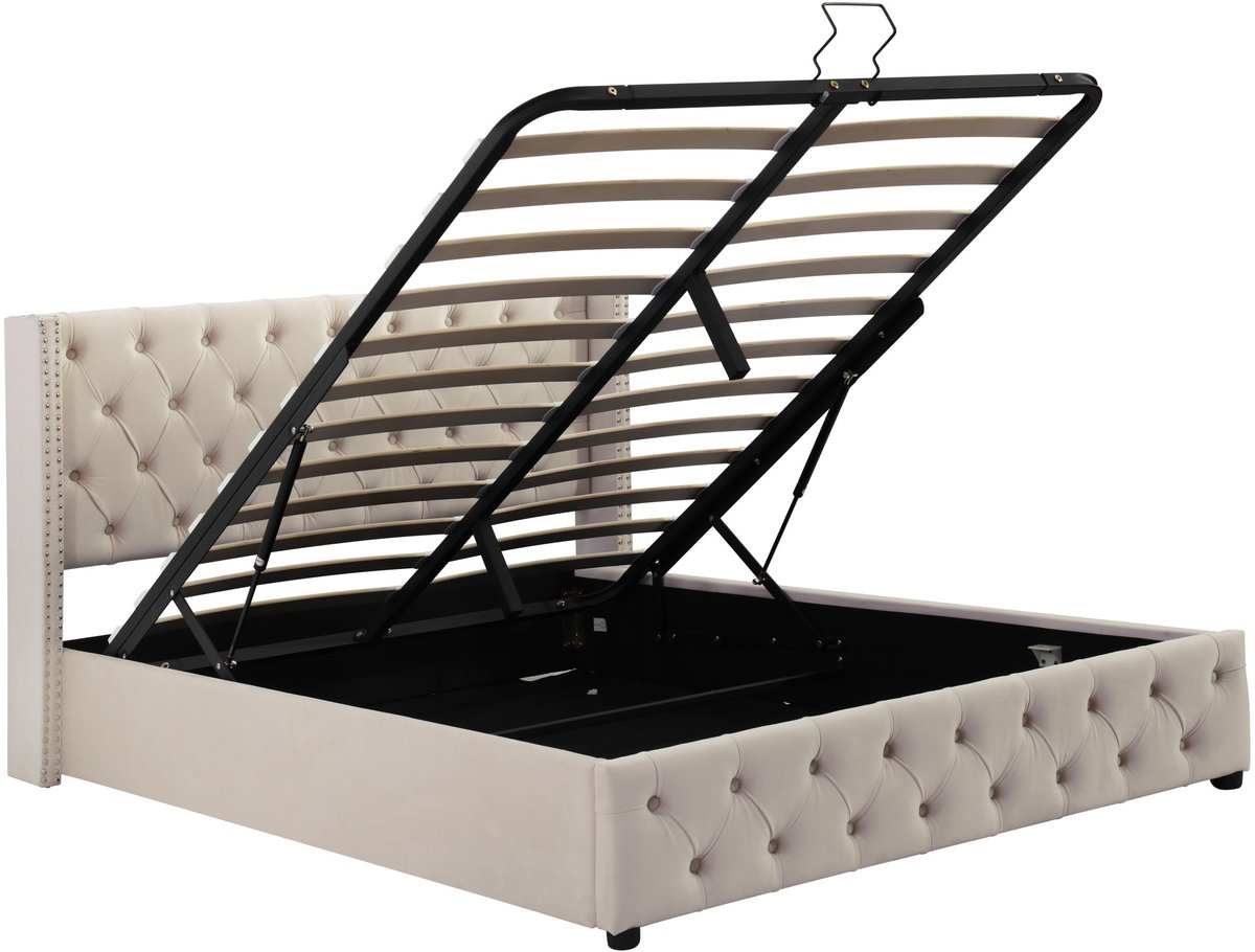 COVREO Bedframe 140x200 cm Beige velvet, opbergruimte, zonder matras