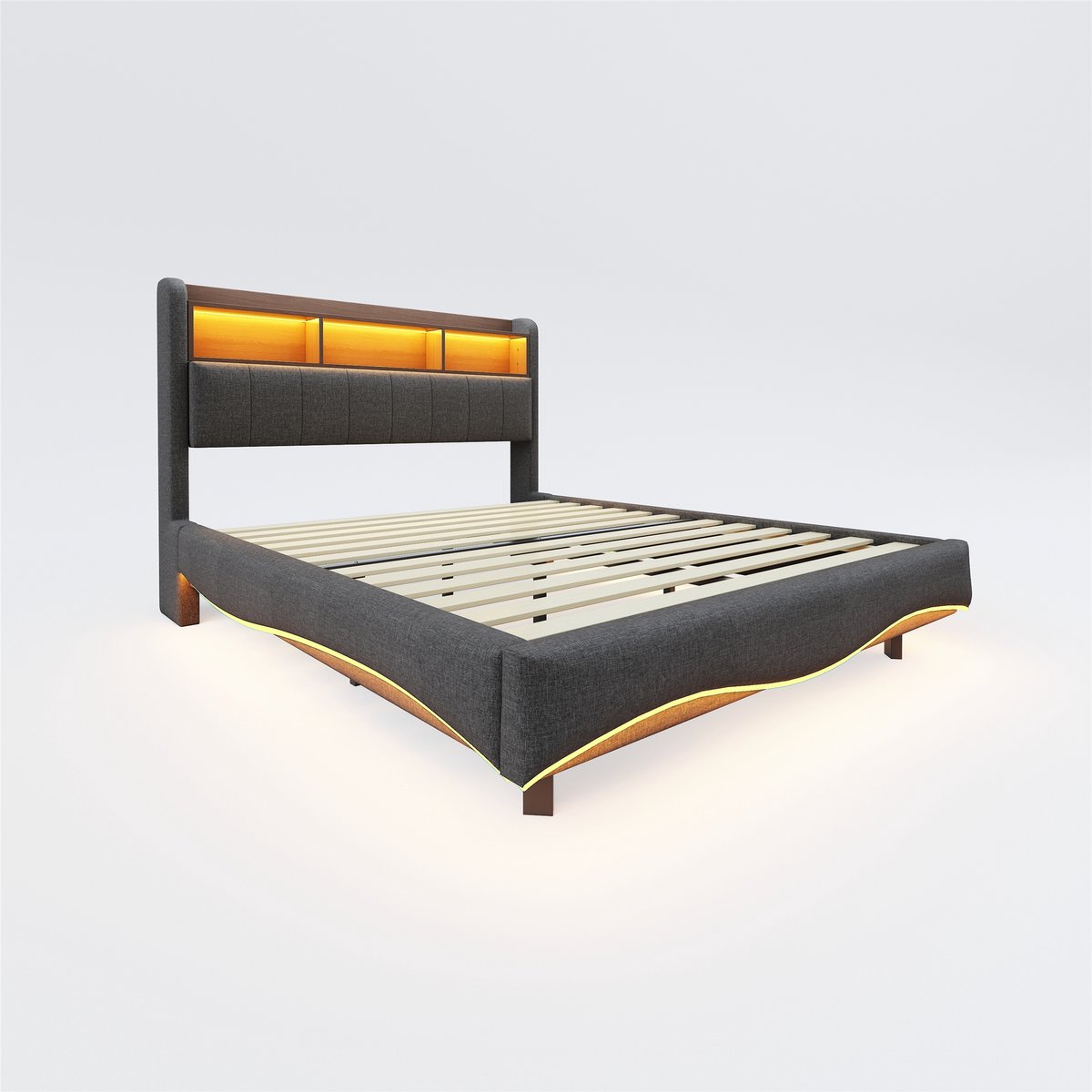 COVREO Bed 140x200 cm grijs stof met LED en opbergruimte zonder matras