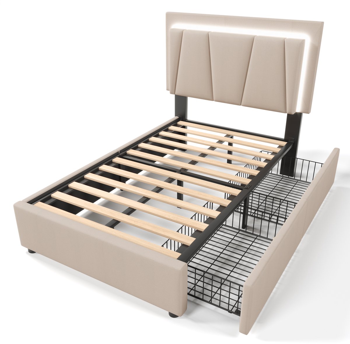 COVREO Bedframe 90x200 cm beige, LED, 2 lades, verstelbaar hoofddeel, zonder matras