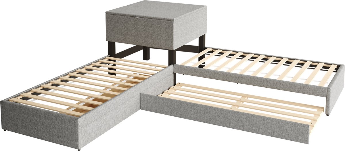 COVREO Bed 90x200 cm grijs stof met uitschuifbed, opbergkast, 2 lades en lattenbodem