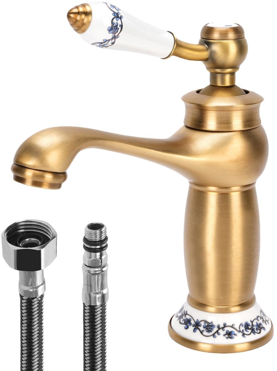 Dailygoods- Wastafelkraan Vintage Messing - Antieke Keramische Kraan - Badkamerkraan - Enkele Hendel - Betaalbaar - Unieke Selectie