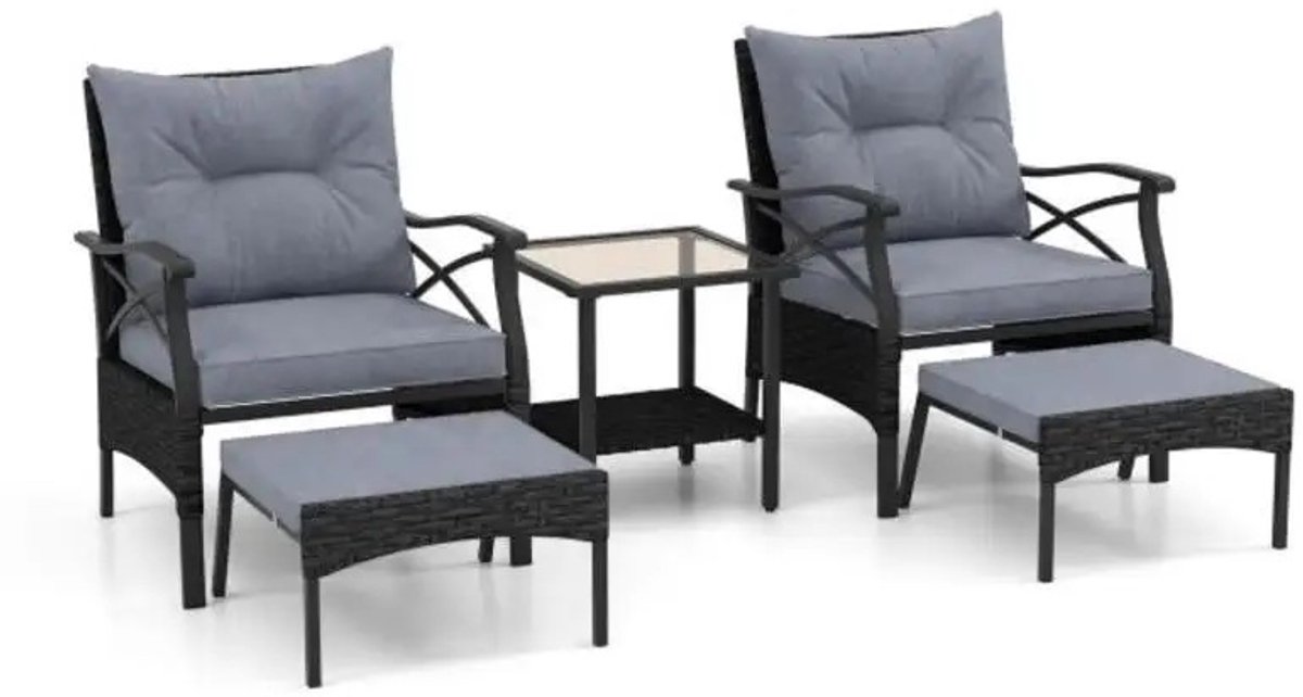 Dailygoods 5-delige terrasmeubilairset, rotan tuinloungeset met 2 stoelen, 2 ottomanen en