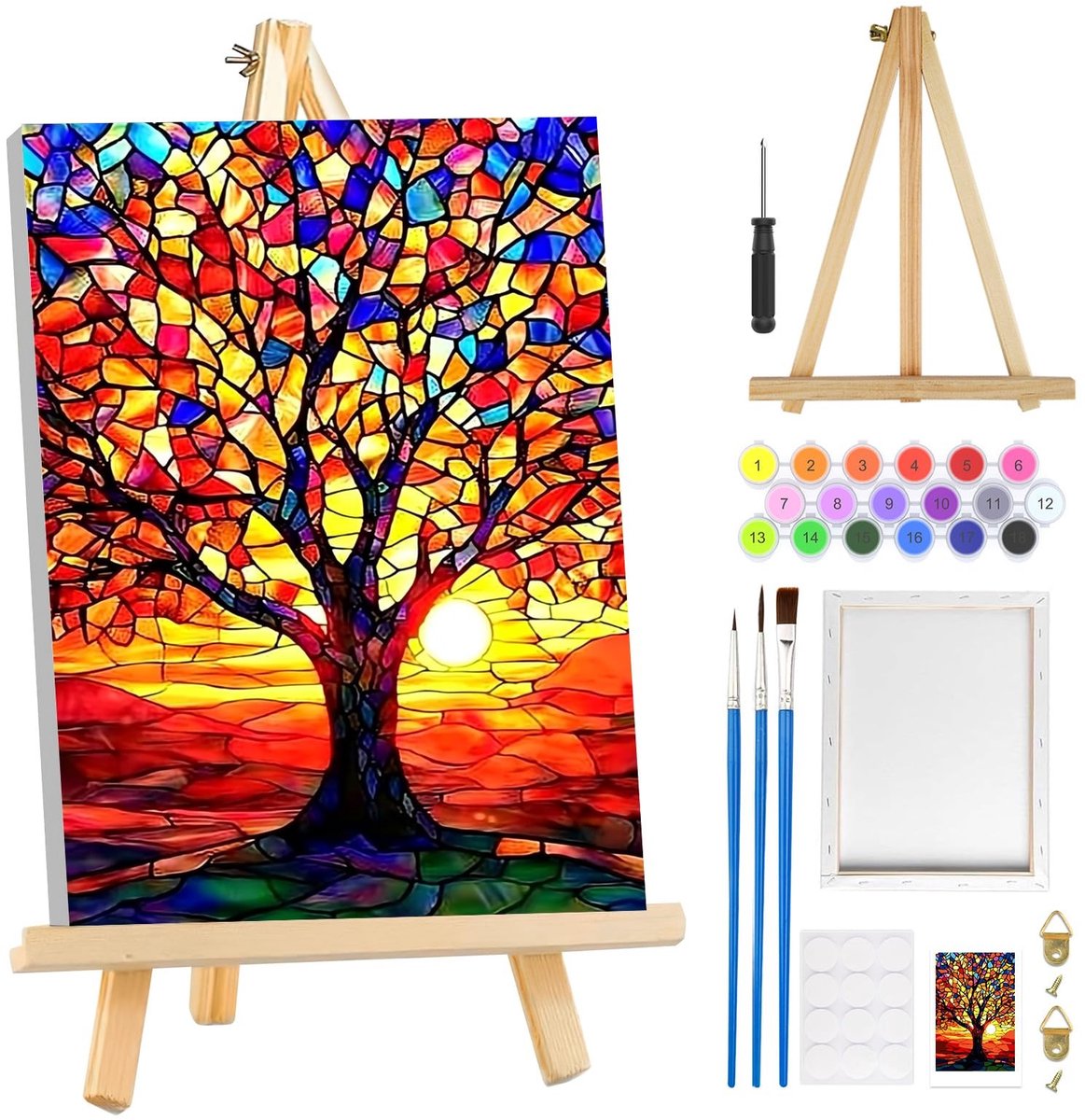 Dailygoods- Schilderen op Nummer - Levensboom met Frame - DIY Olieverfschilderij - Houten Ezel - 3 Penselen - Voorbedrukt Canvas - Verfset