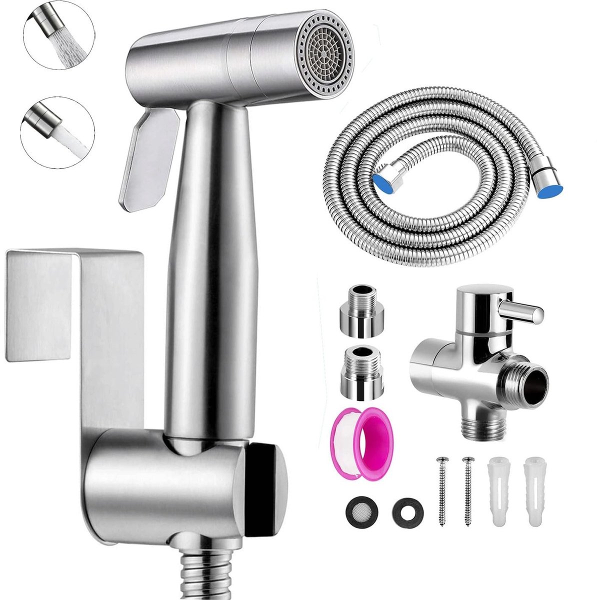 Dailygoods - 2 Modi Bidet Doucheset - Roestvrijstalen Toiletdouche - Handdouche met T-klep - 1,5 m Doucheslang - Multifunctionele Bidetsproeier - Gesc...