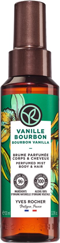 Flacon de brume Vanille Bourbon Yves Rocher avec des fleurs jaunes et des gousses de vanille sur l'étiquette.