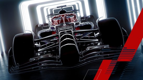 Zilverkleurige Formule 1-auto met rode details in een futuristische verlichte tunnel.