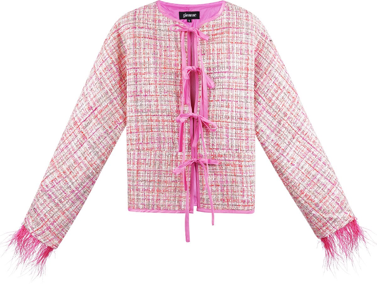 Gepolijste Vrouwen Jas in Tweed-Stijl met Veren en Strikdetail - Fushia - Maat S