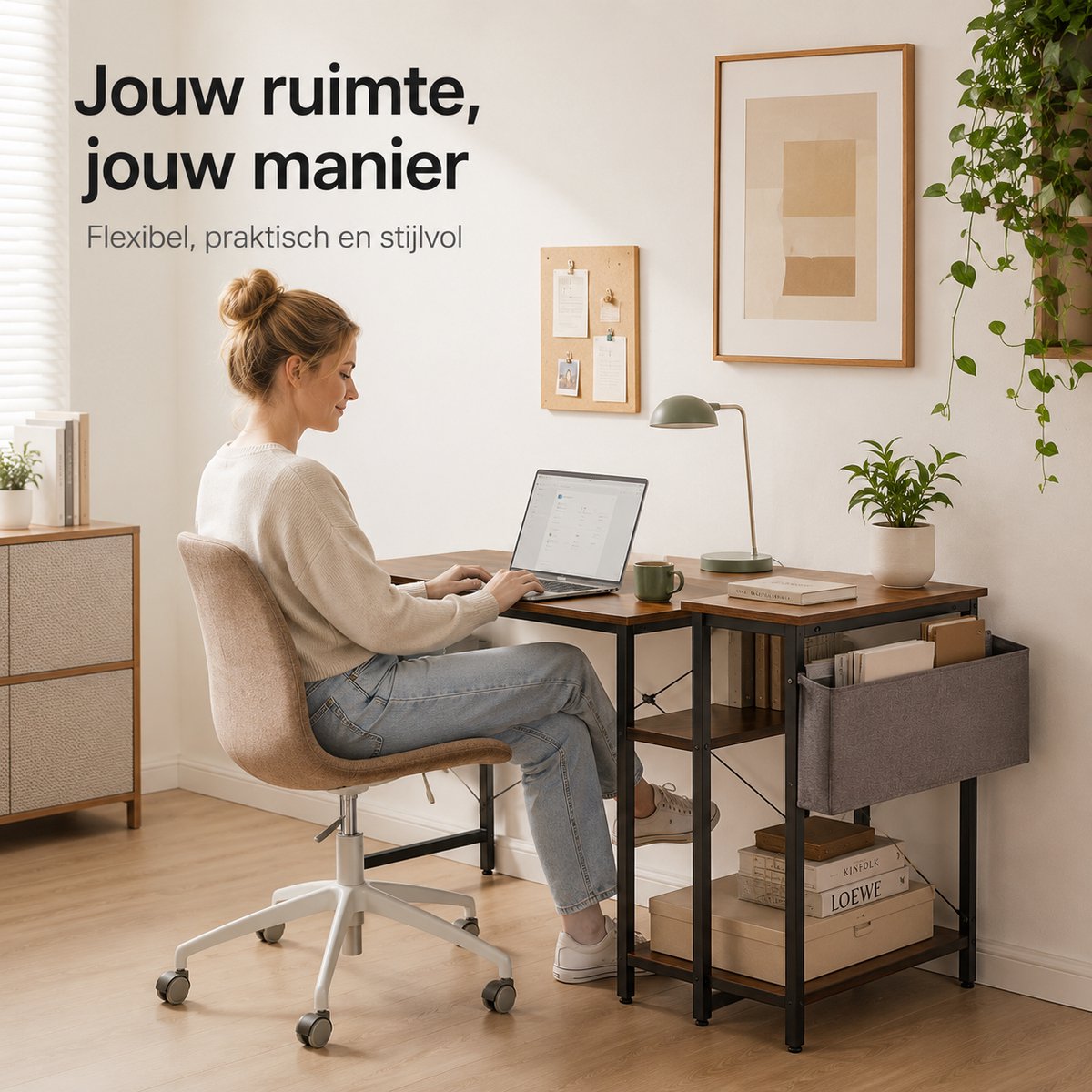 BOTC Hoekbureau 100 cm - Rustiek bruin met opbergplanken thumbnail 2