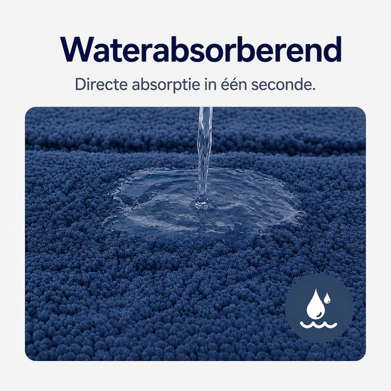 Blauwe badmat met waterdruppels die de absorptie demonstreren.