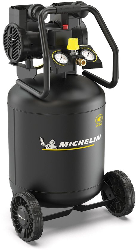 Zwarte Michelin compressor met twee wielen, een gele knop en twee meters.