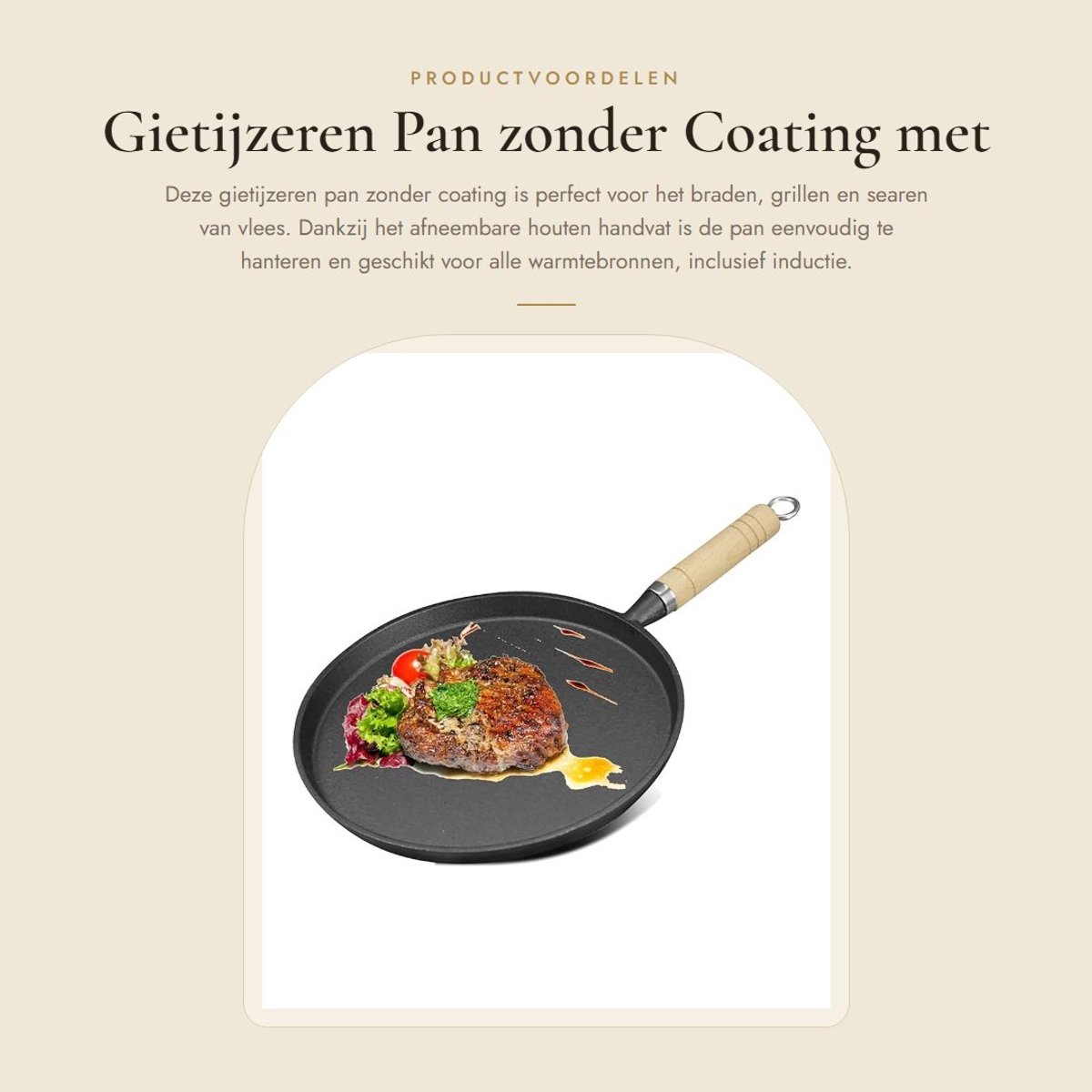 Dailygoods - Gietijzeren Pan zonder Coating met Houten Handvat