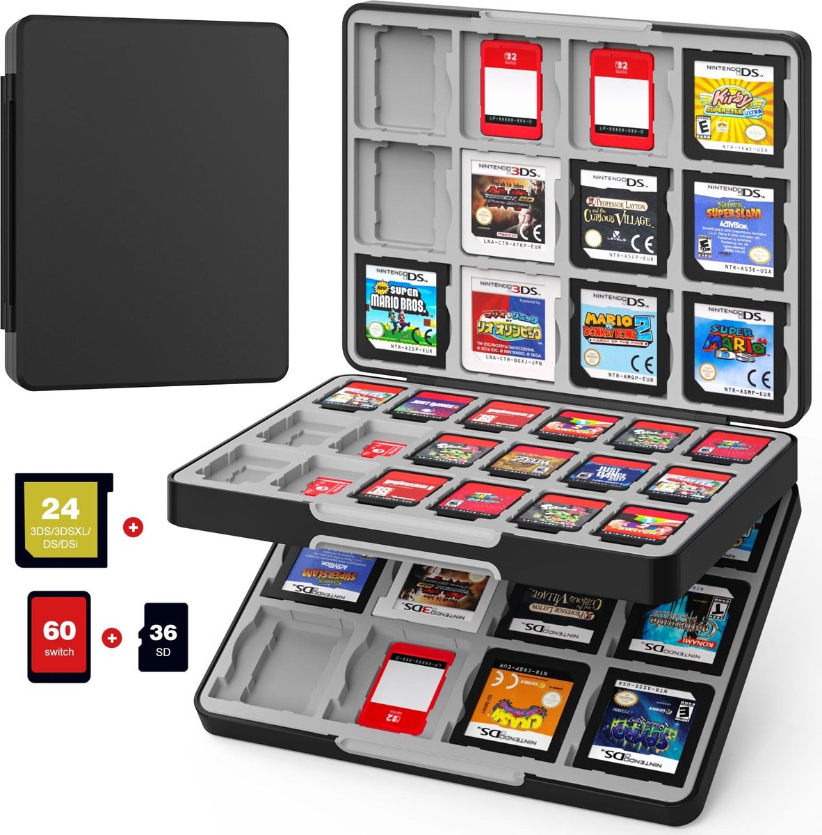 Dailygoods - Gamekaarthoes - Draagbare gamehouder - Zwart - Geschikt voor Nintendo Switch en 3DS - 60 sleuven voor spelkaarten - 36 slots voor SD-kaarten